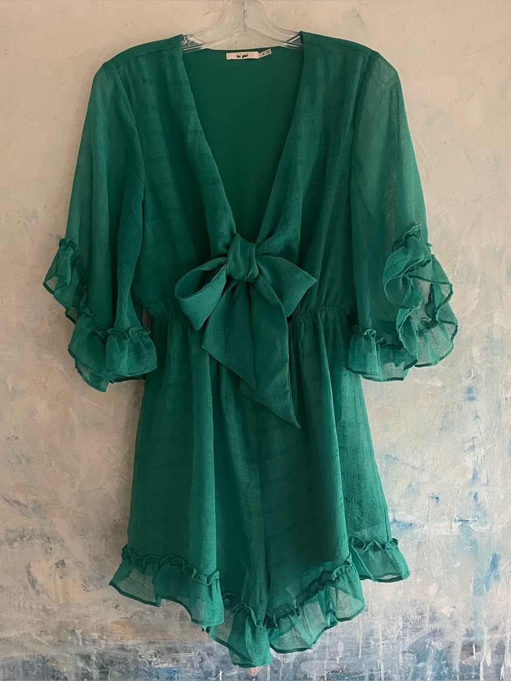 Chiffon Ruffle Romper with Cut Out Mi Ami Green Boho Chic Romantic Size M - Picture 2 of 15